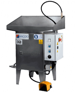 Front-view DG8 Stainless steel sink style parts washer with a foot pedal regulated hand-held flow-through cleaning brush