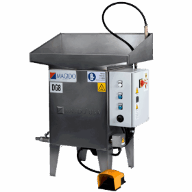 Front-view DG8 Stainless steel sink style parts washer with a foot pedal regulated hand-held flow-through cleaning brush