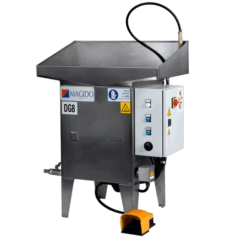 Front-view DG8 Stainless steel sink style parts washer with a foot pedal regulated hand-held flow-through cleaning brush