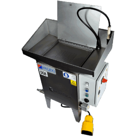 Top view DG8 Stainless steel sink style parts washer with a foot pedal regulated hand-held flow-through cleaning brush