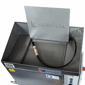 Top view DG9 Stainless steel sink style parts washer with a foot pedal regulated hand-held flow-through cleaning brush