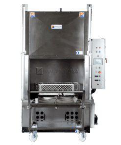 front view of the X52/2 series L-162 front load parts washer with view of parts basket and roll away loading cart
