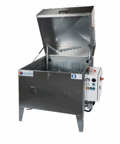 Eco Series L902FP top load parts washer with rotating turntable basket and dual spray bars.