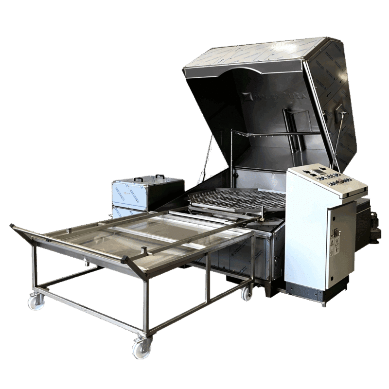 removable loading rack in front lid open X51/2 Series L153 top loading dual stage rotary jet-spray parts washer