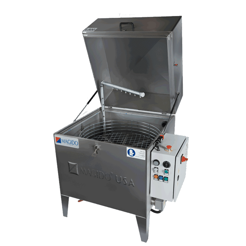 Eco Series L800FP top load parts washer with rotating turntable basket and a single spray bar.